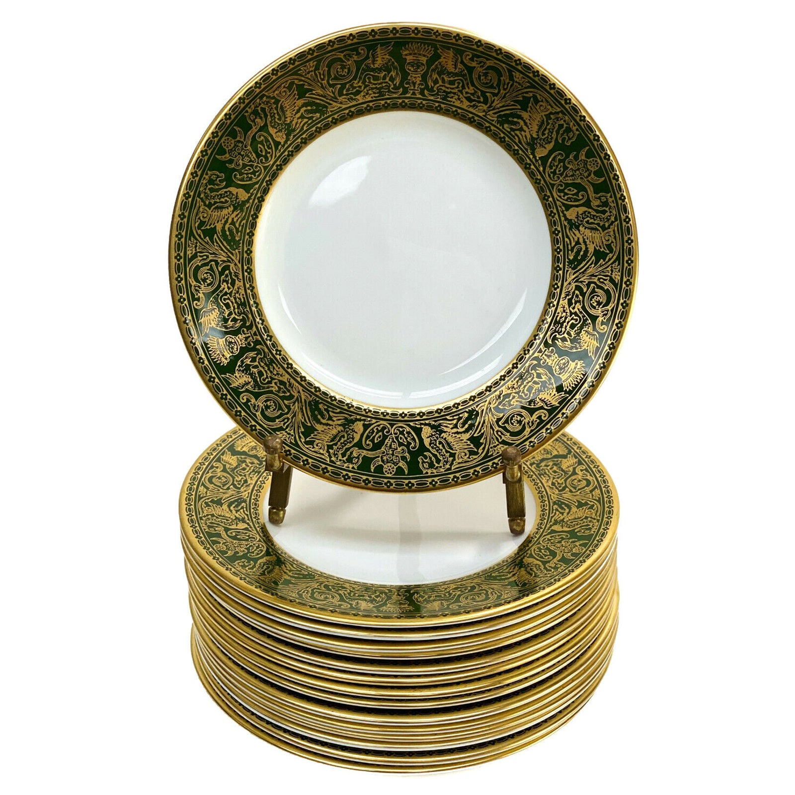 Set of 15 Wedgwood England Porcelain Bread Plates in Green Florentine, c1960