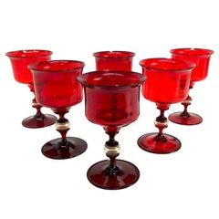 Set of 7 Venetian Cranberry Red & Gold Fleck Art Glass Water Goblets, Salviati