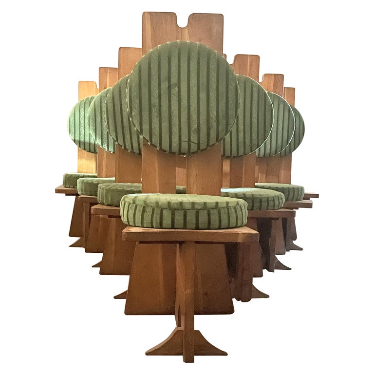 Vintage Oak and Velvet Studio Crafted High Back Chairs Hungary, 1970s