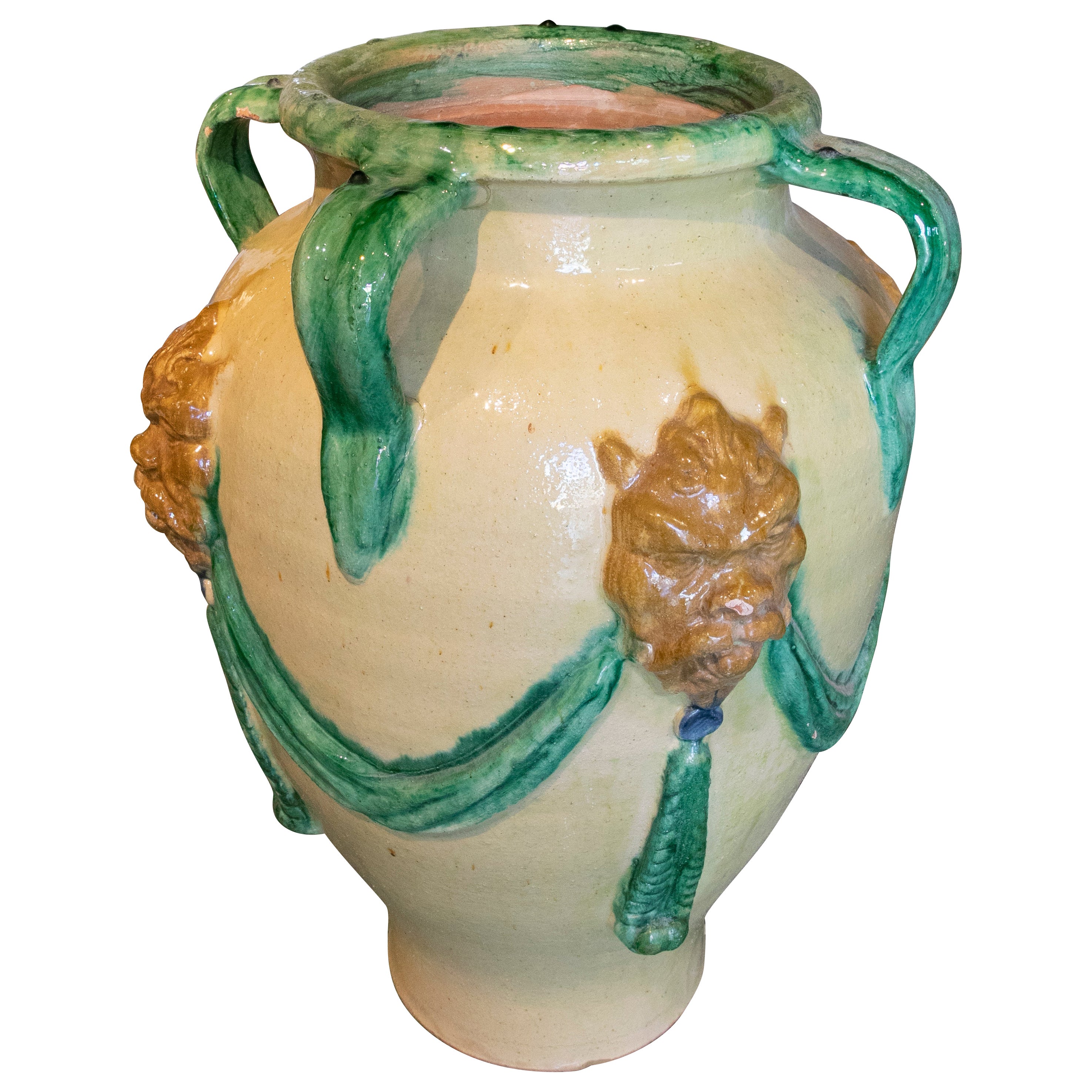 Spanische Keramikkeramik, glasiert mit Löwen und von Hand bemalt