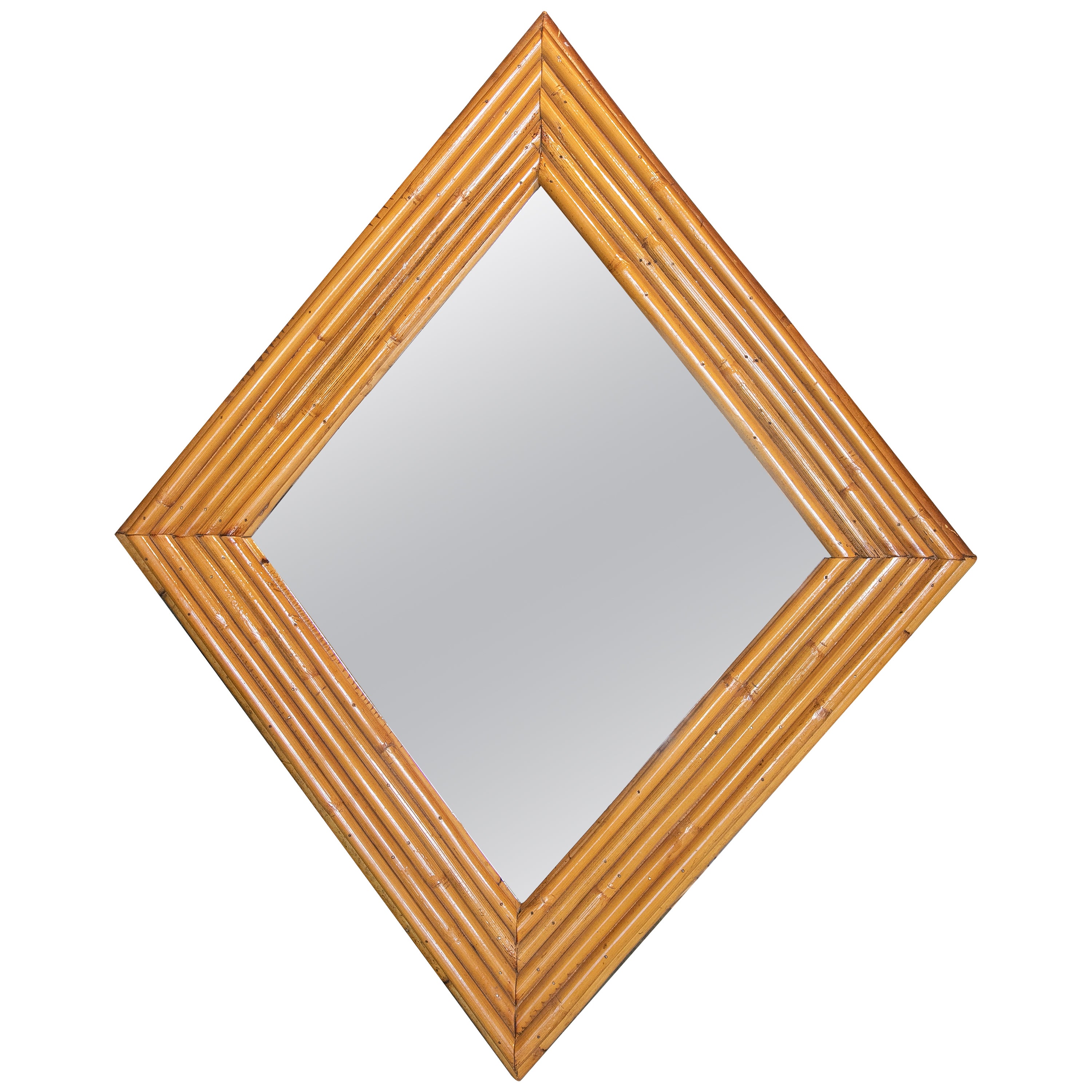 1970S Spanish Bamboo Mirror with Rhombus Shape Handmade For Sale