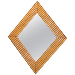 1970S Spanish Bamboo Mirror with Rhombus Shape Handmade