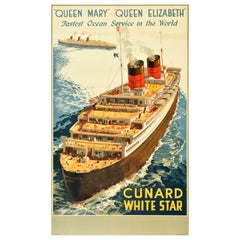 Original Vintage Poster Queen Mary Queen Elizabeth Cunard White Star Ocean Liner