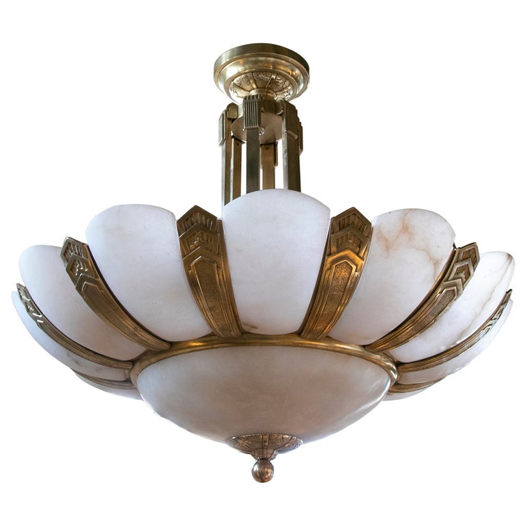 1930s Art Deco Ceiling Lamp in Alabaster and Bronze at 1stDibs