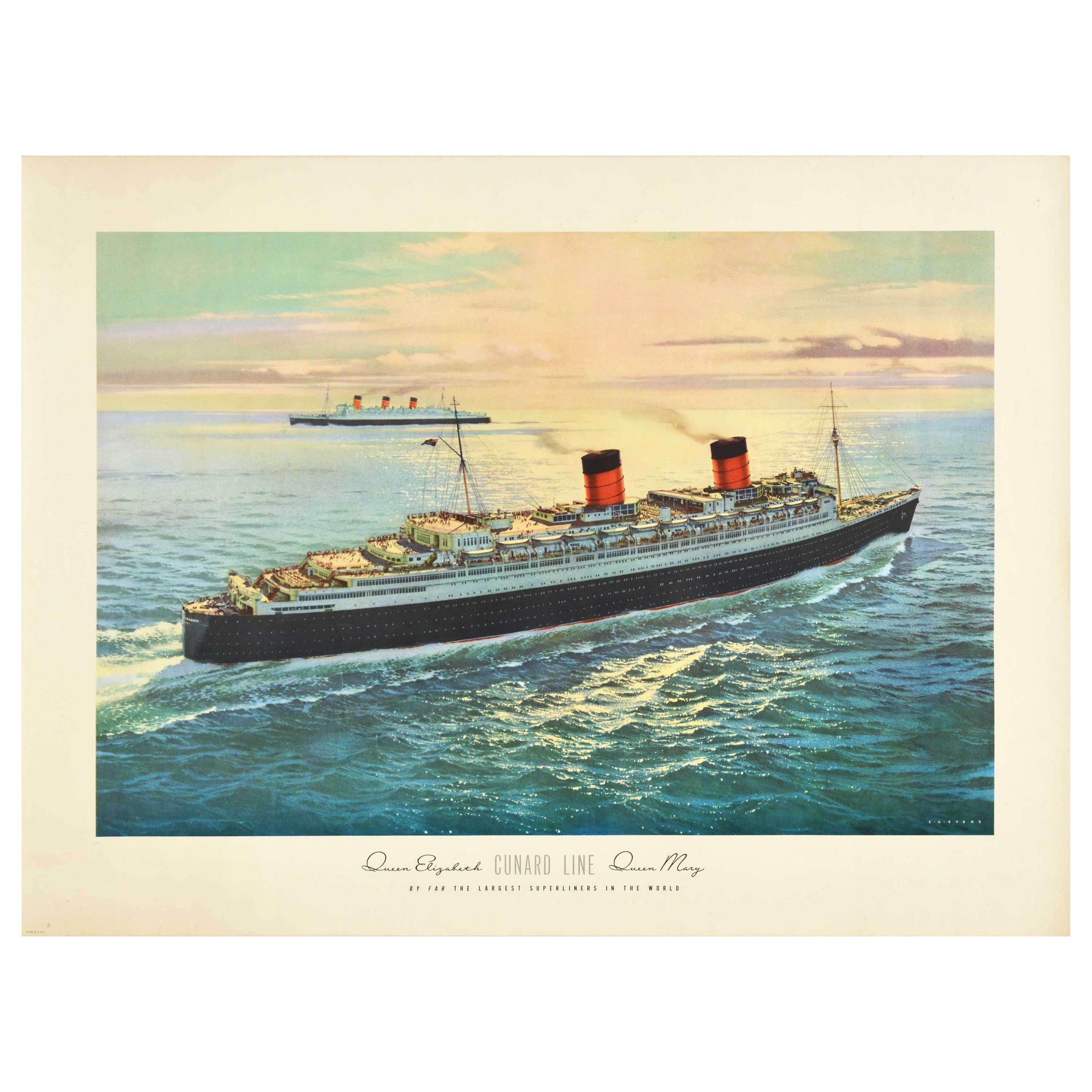 Original Vintage Poster Queen Elizabeth Queen Mary Cunard Line Cruise Travel Art