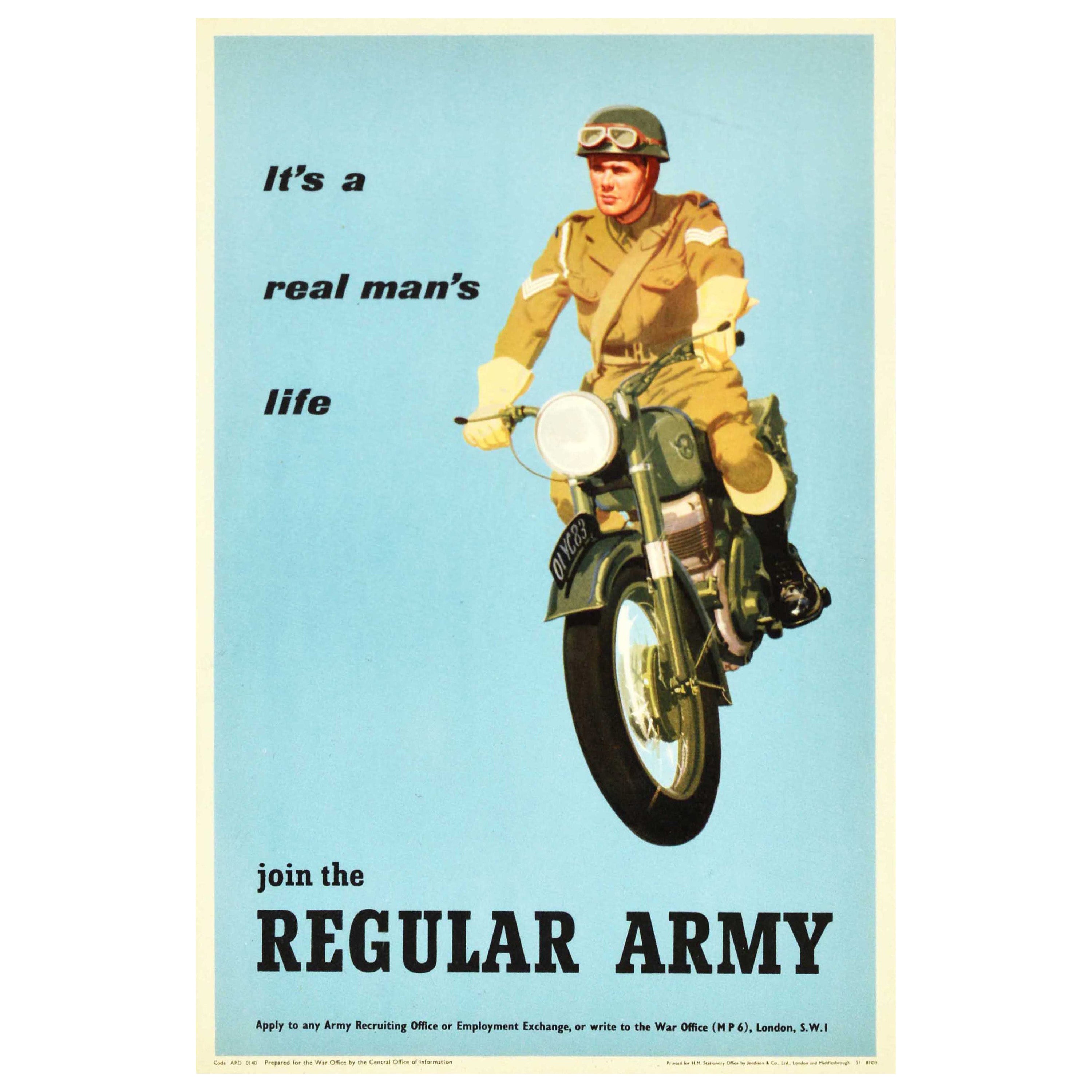 Original Vintage Military Poster Join The Regular Army Real Man's Life Motorbike