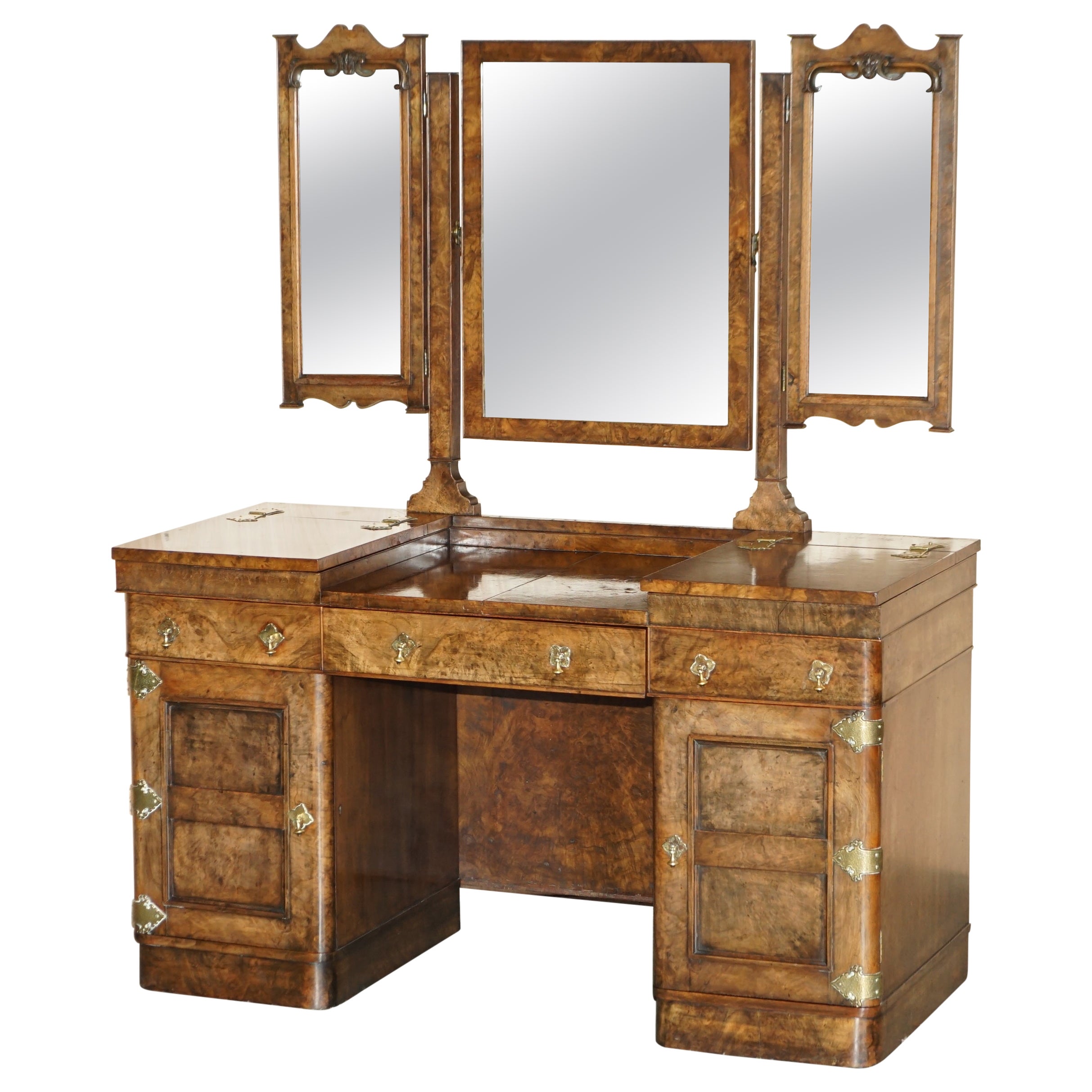 Important Burr & Burl Gothic Antique Dressing Table with Polished Brass Fittings For Sale