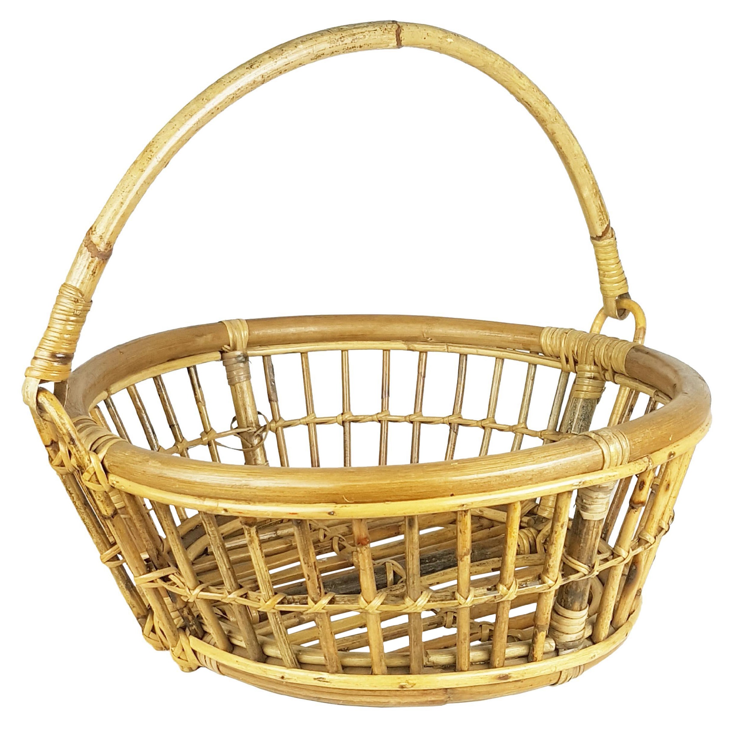 Italian Rattan & Rush Midcentury Basket or Magazine Rack For Sale