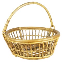 Vintage Italian Rattan & Rush Midcentury Basket or Magazine Rack