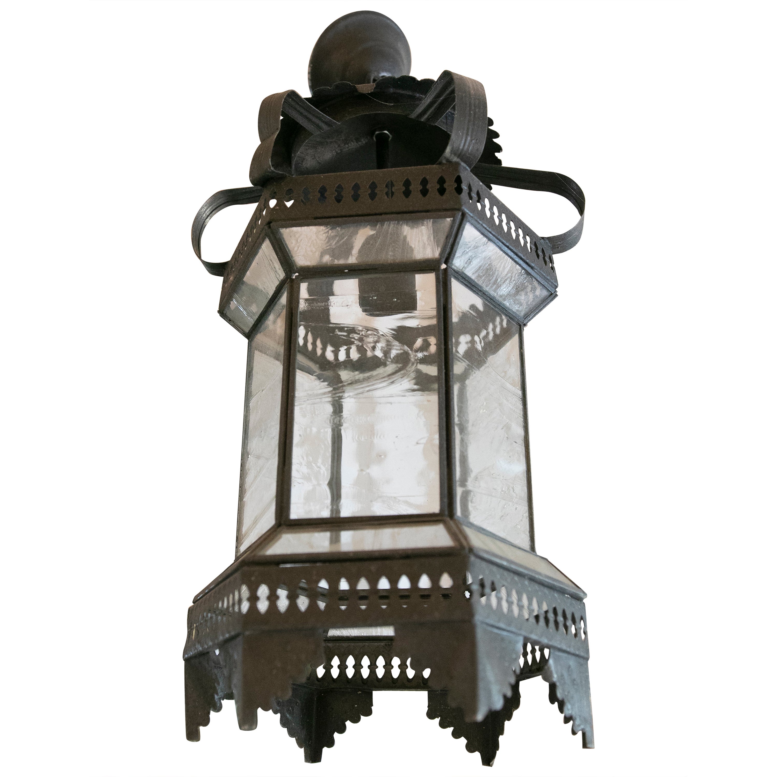 Spanish Metal Lantern with Translucent Black Painted Glass For Sale