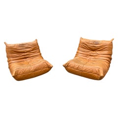Ligne Roset Togo Lounge Chairs Patinated Cognac Leather Set of Two, France 1970