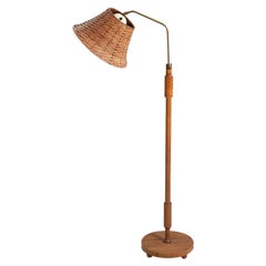 Swedish Designer, Floor Lamp, Brass, Wood, Rattan, Sweden, 1930s