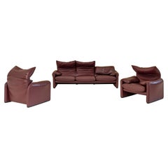 Vintage Leather Maralunga Three-Seat Sofa and Armchairs by Vico Magistretti for Cassina