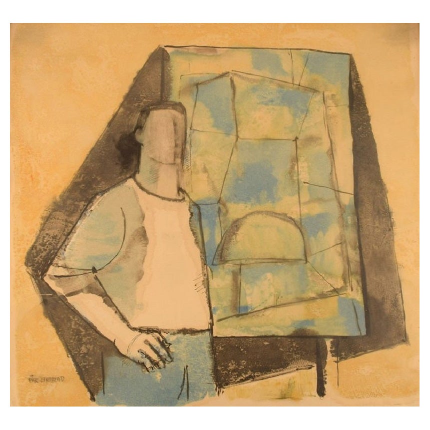 Pär Lindblad, artista sueco. Acuarela sobre papel. Composición con figura.