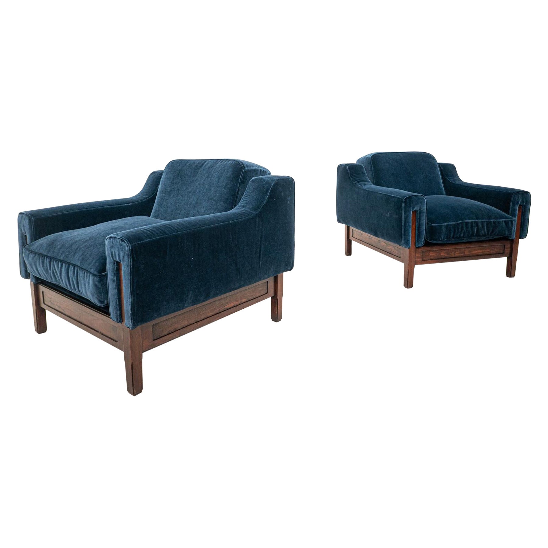 Mid-Century Modern Italian Pair of Amrchairs, Wood and Blue Velvet, 1960s For Sale