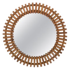 Vintage Round Wall Mirror in the Style of Franco Albini with Bamboo Frame, Italy
