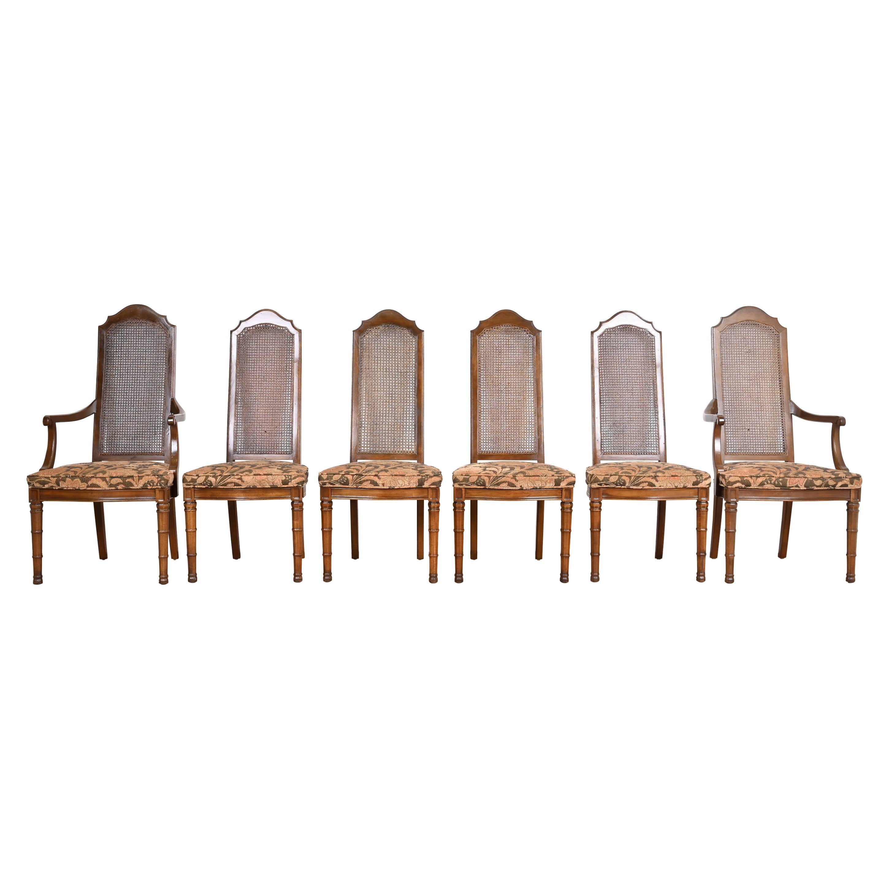 Henredon, chaises de salle à manger en noyer et cannage à dossier haut, série de six, Modernité du milieu du siècle dernier