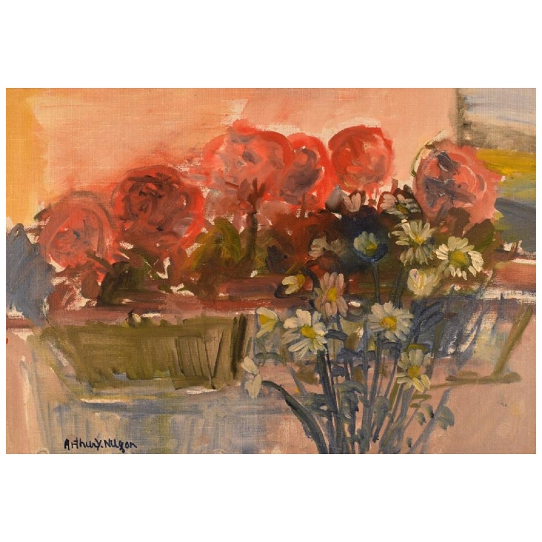 Arthur Y. Nilsson, aufgeführter schwedischer Künstler. Öl/Leinwand. Arrangement mit Blumen