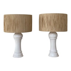 Pair Of White Ceramic Lamps With Raffia Shade, Italy, 1960s
