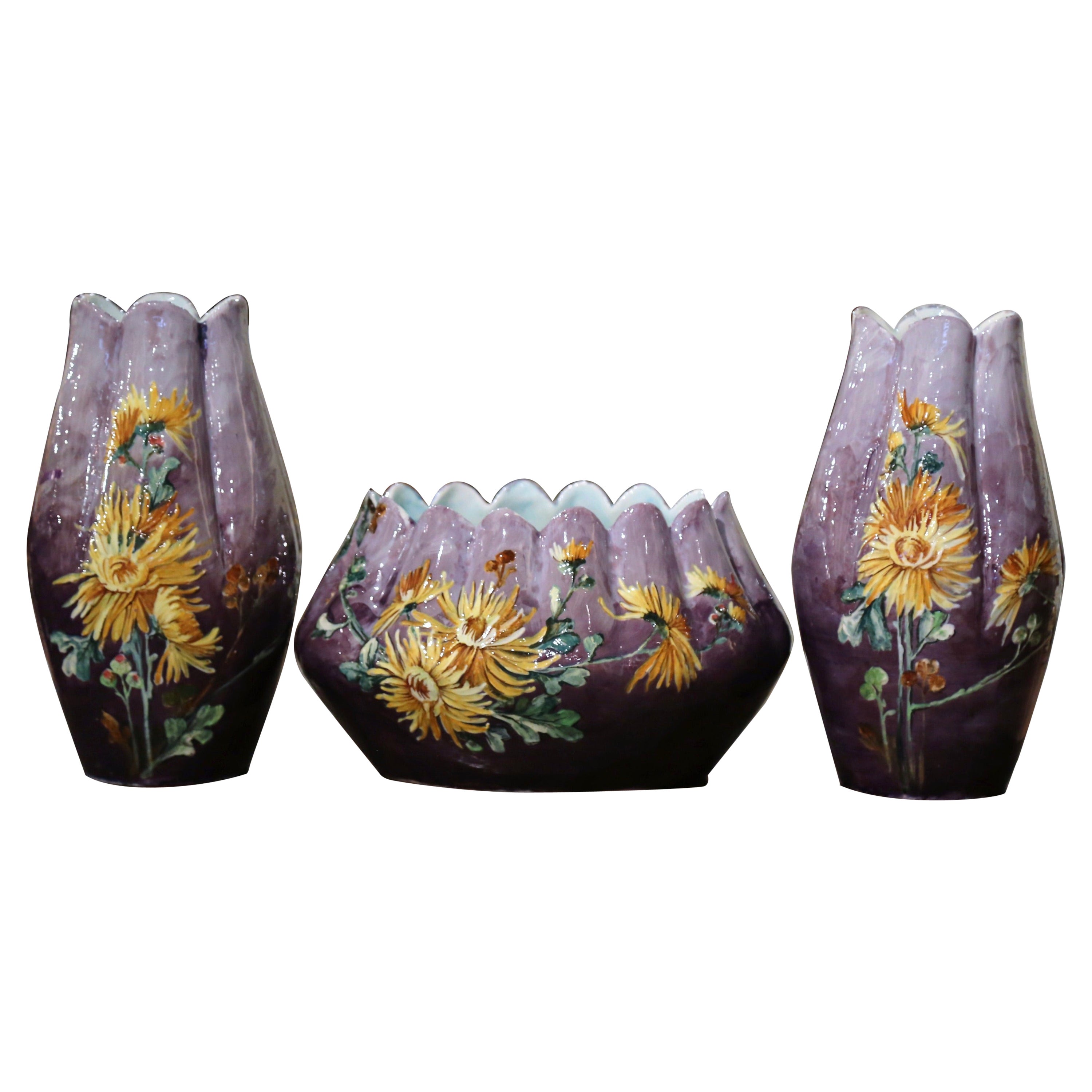 19th Century French Hand-Painted Barbotine Vases Signed P. Perret, Set of Three