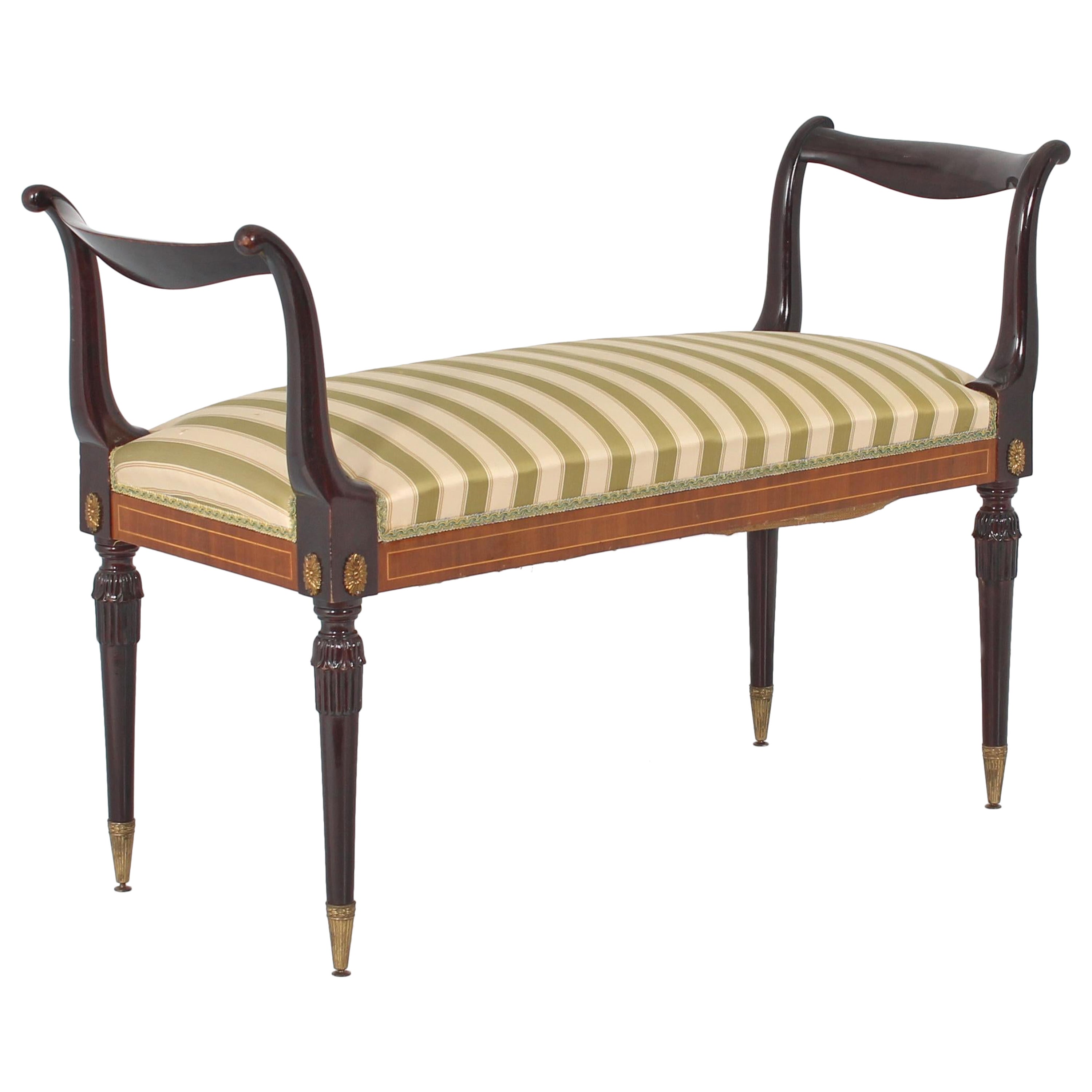 Mid-Century Emilio Lancia Wooden Bench with Striped Fabric , Italy, 1950s For Sale