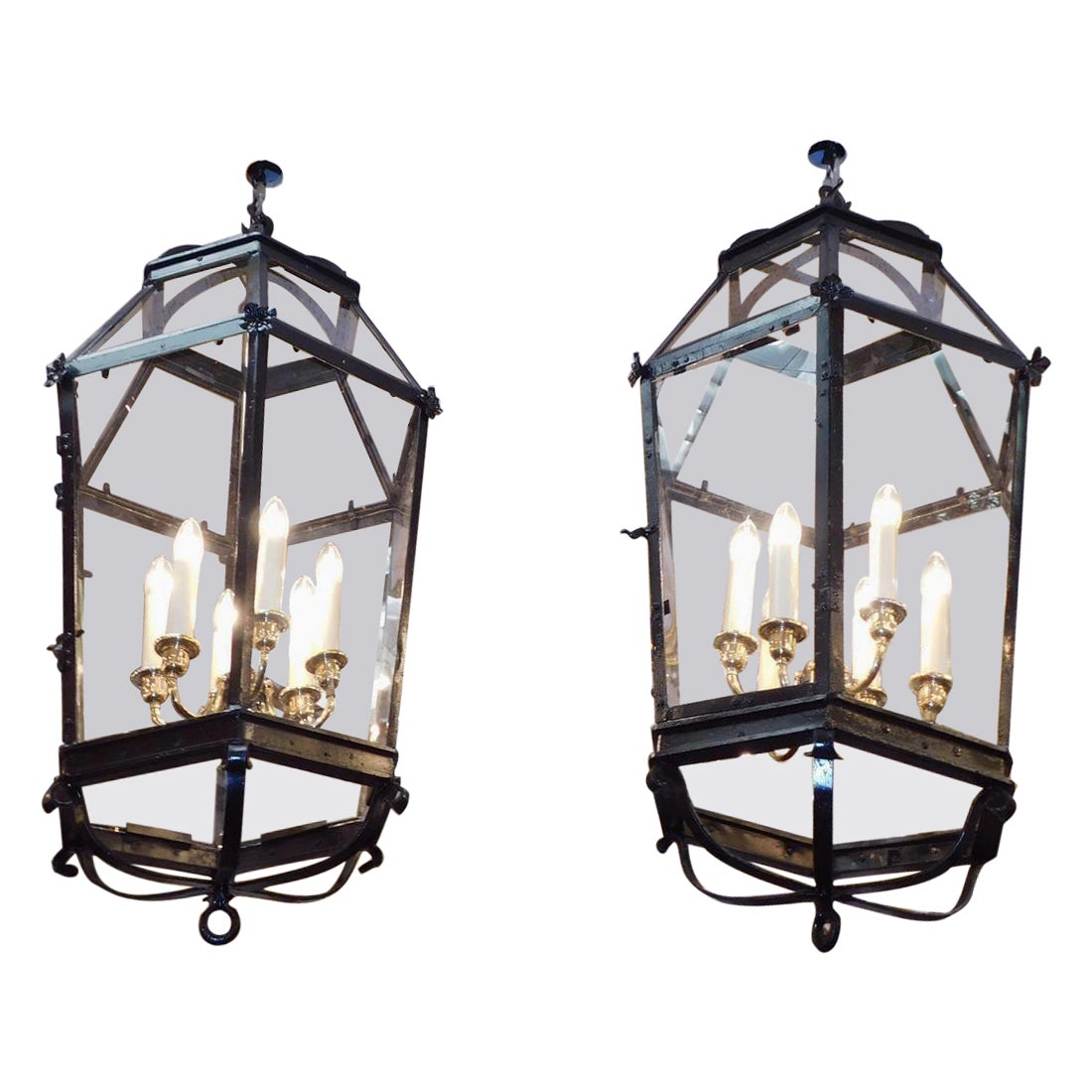 Pair of American Wrought Iron & Brass Dome Shaped Hanging Lanterns, Circa 1820 For Sale