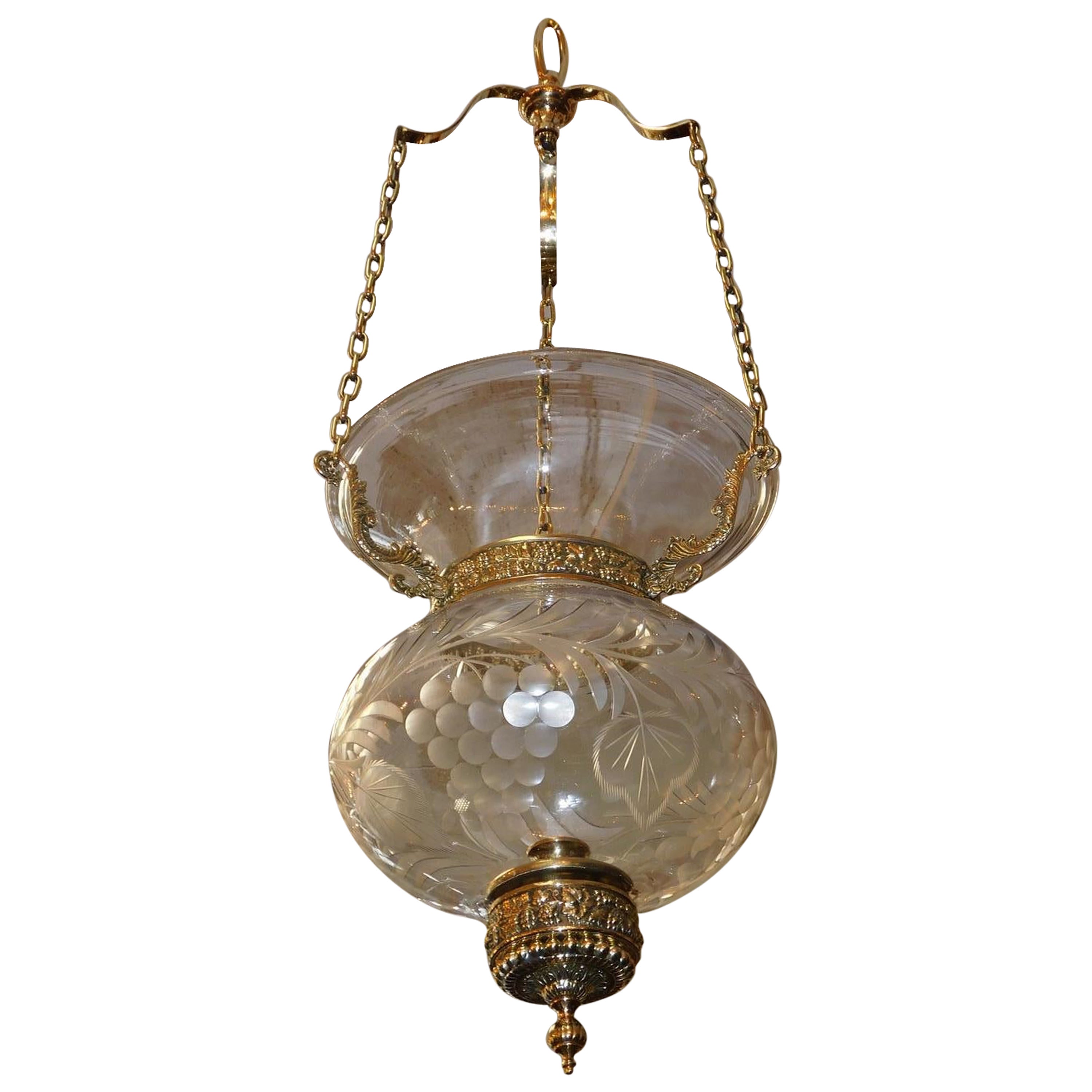 American Brass & Etched Floral Glass Globe Hanging Bell Jar Hall Lantern, C 1800 For Sale