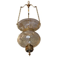 Antique American Brass & Etched Floral Glass Globe Hanging Bell Jar Hall Lantern, C 1800