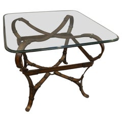 Equestrian Style Iron and Glass Side Table with Faux Leather Strap Base
