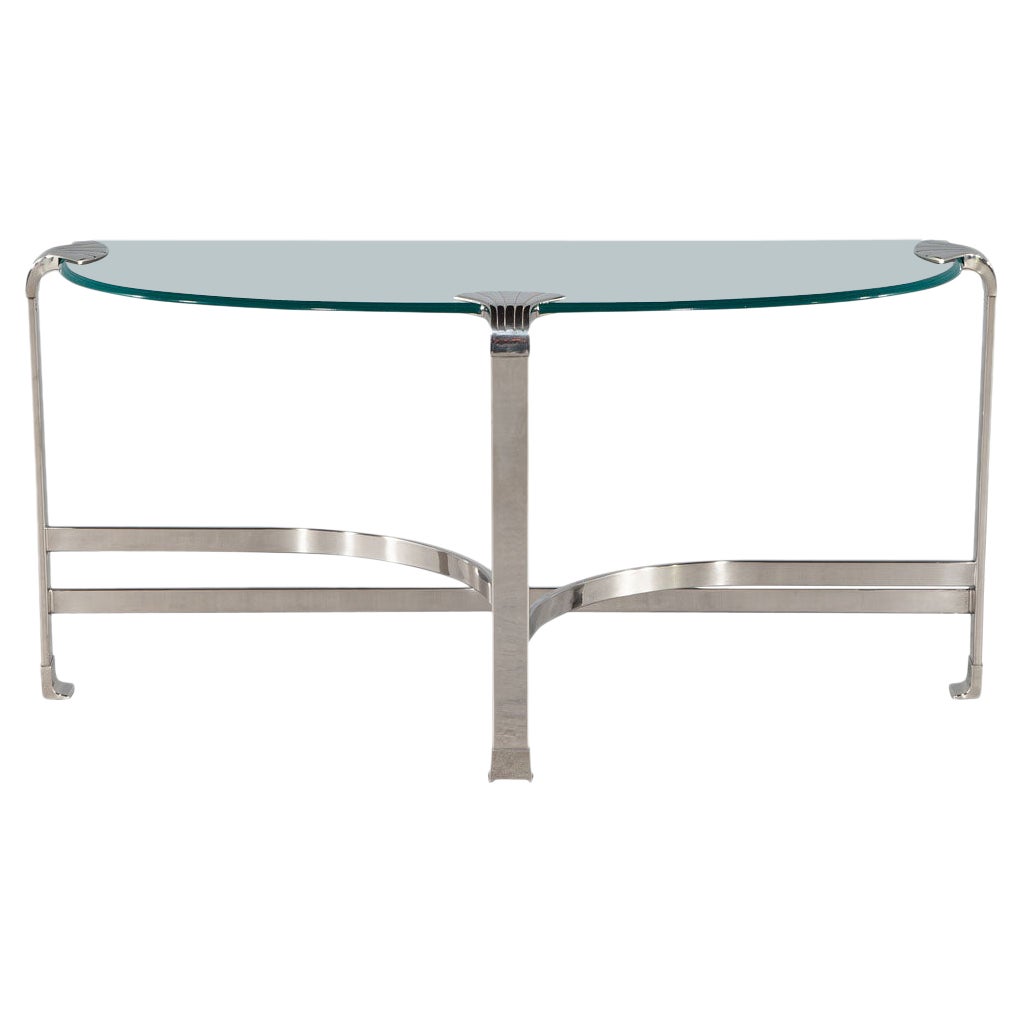 Art Deco Inspired Demi Lune Glass and Metal Console Table For Sale