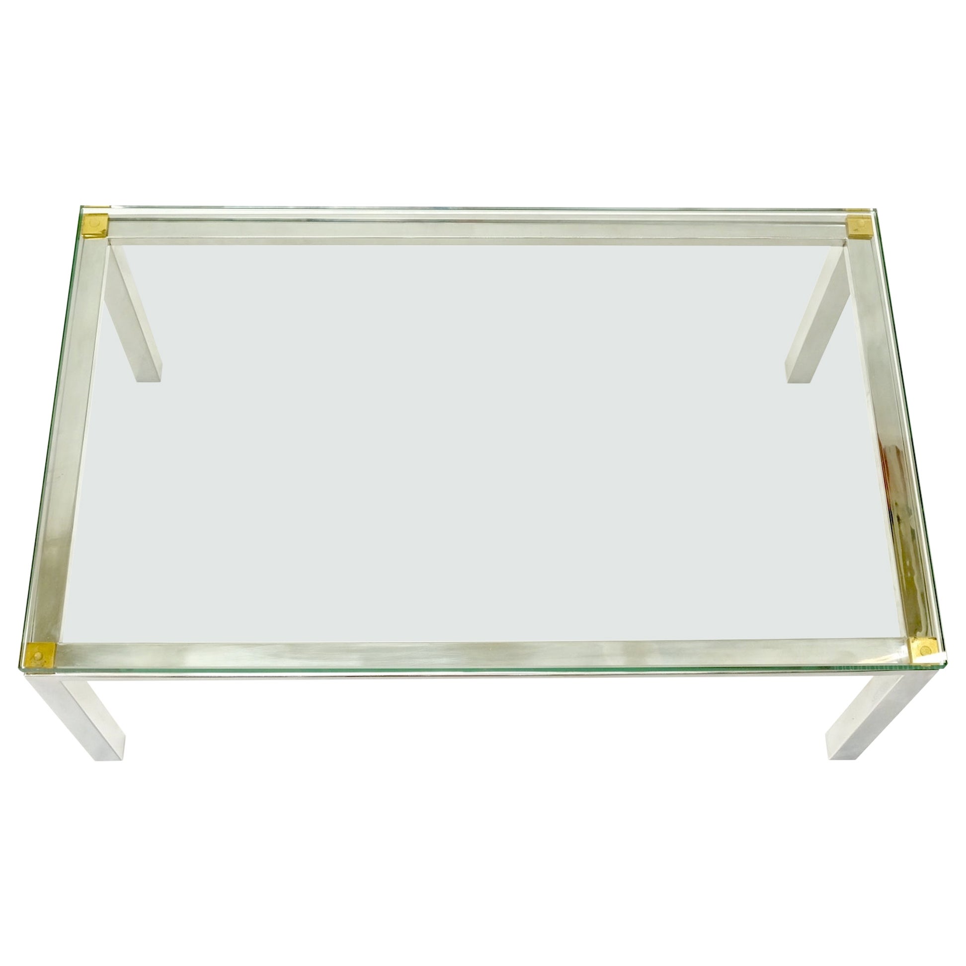 Table basse rectangulaire en acier inoxydable poli et plateau en verre, milieu du siècle dernier