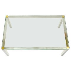 Polished Stainless Steel & Brass Glass Top Rectangle Coffee Table Mid Century