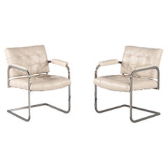 Used Pair of Mid-Century Modern Tufted Cream Leather Accent Chairs