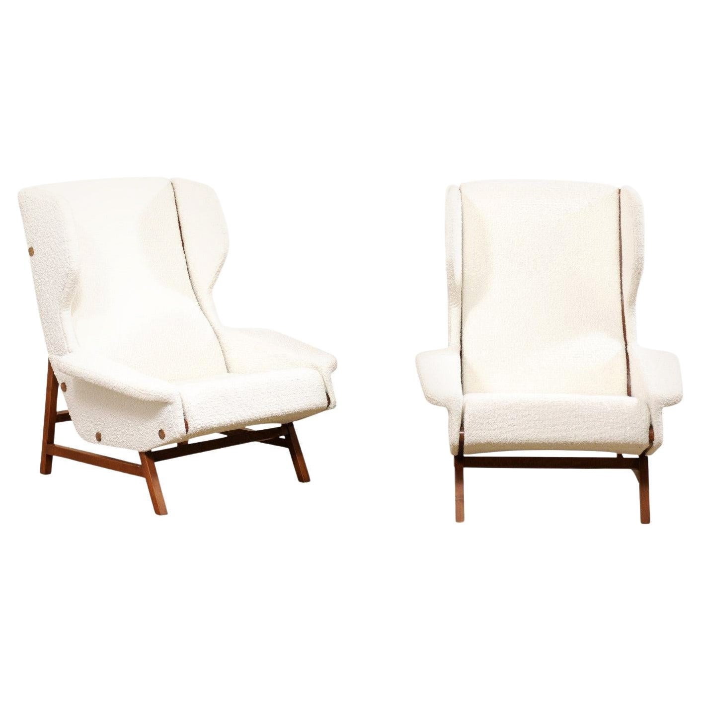 Pair of Italian Modern Wingback Chairs w White Bouclé Upholstery For Sale