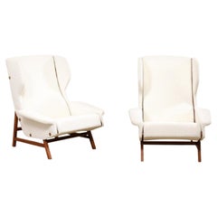 Pair of Italian Modern Wingback Chairs w White Bouclé Upholstery