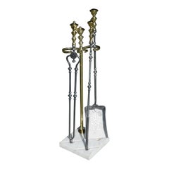 Antique American Brass Finial & Polished Steel Fire Place Tools on Marble Stand, C. 1810