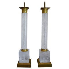 Spectacular Pair Ormolu Bronze Mounted Rock Crystal Column Form Table Lamps