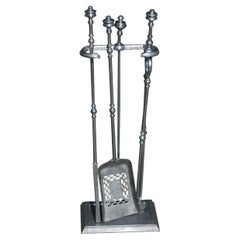 Set of English Polished Steel Urn Finial Fire Place Tools on Stand, C. 1840