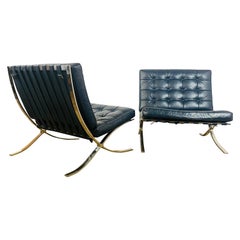 Barcelona Chairs Designed by Ludwig Mies Van Der Rohe, Blue Leather, Set of 2