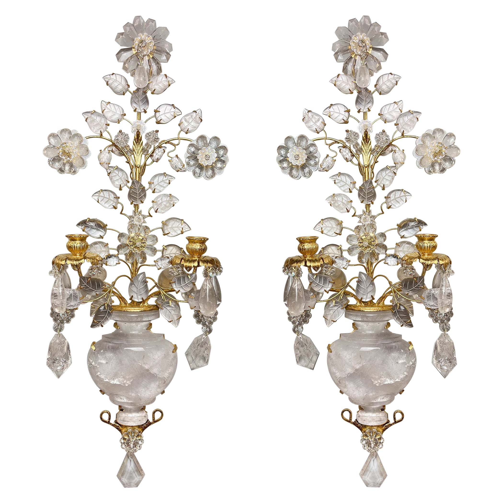 Pair of Gilt Bronze and Rock Crystal Two Light Sconces For Sale