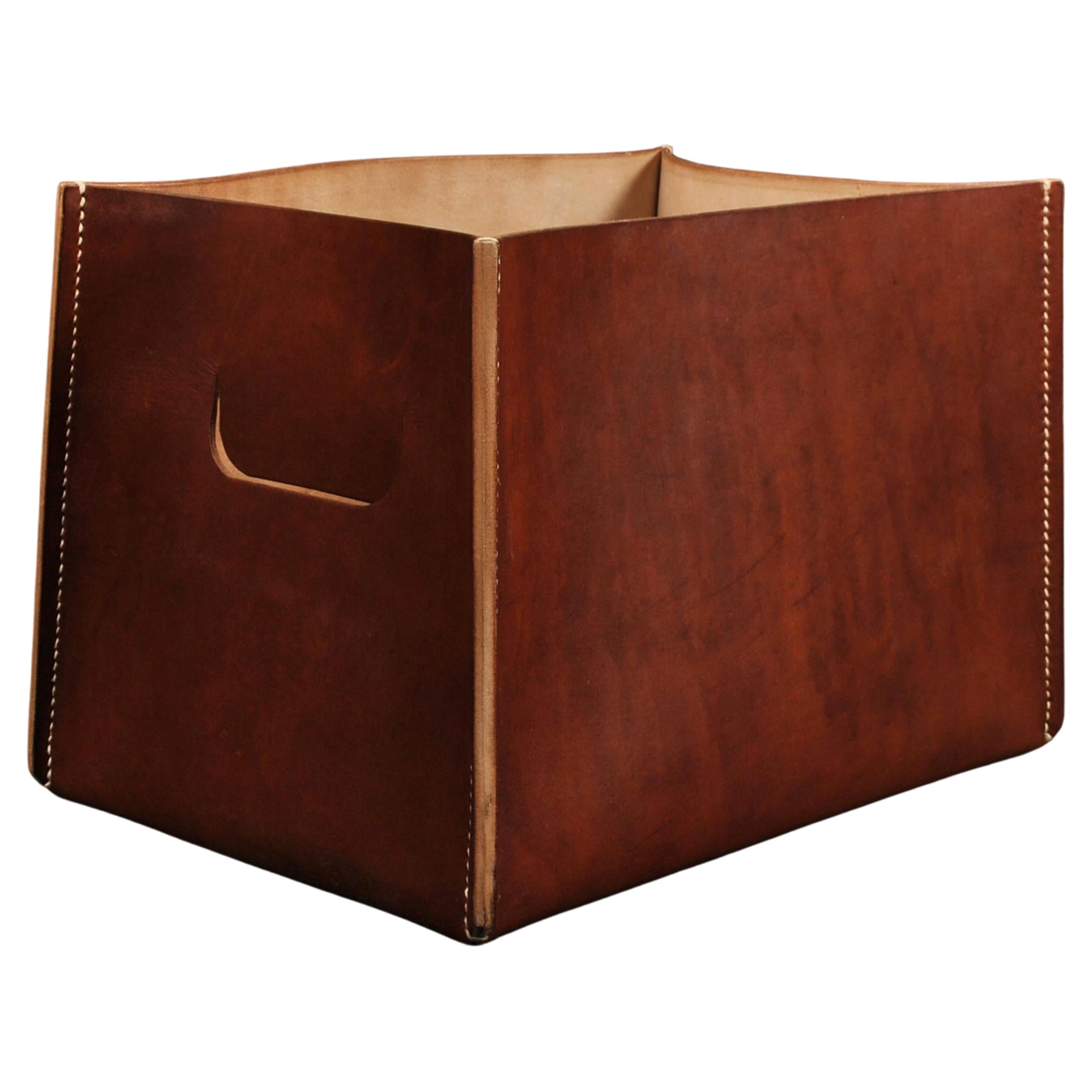 Hand-Crafted Brown Leather & Oak Box For Sale