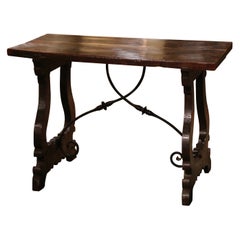 18th Century Spanish Carved Walnut Side Table Desk with Iron Stretcher