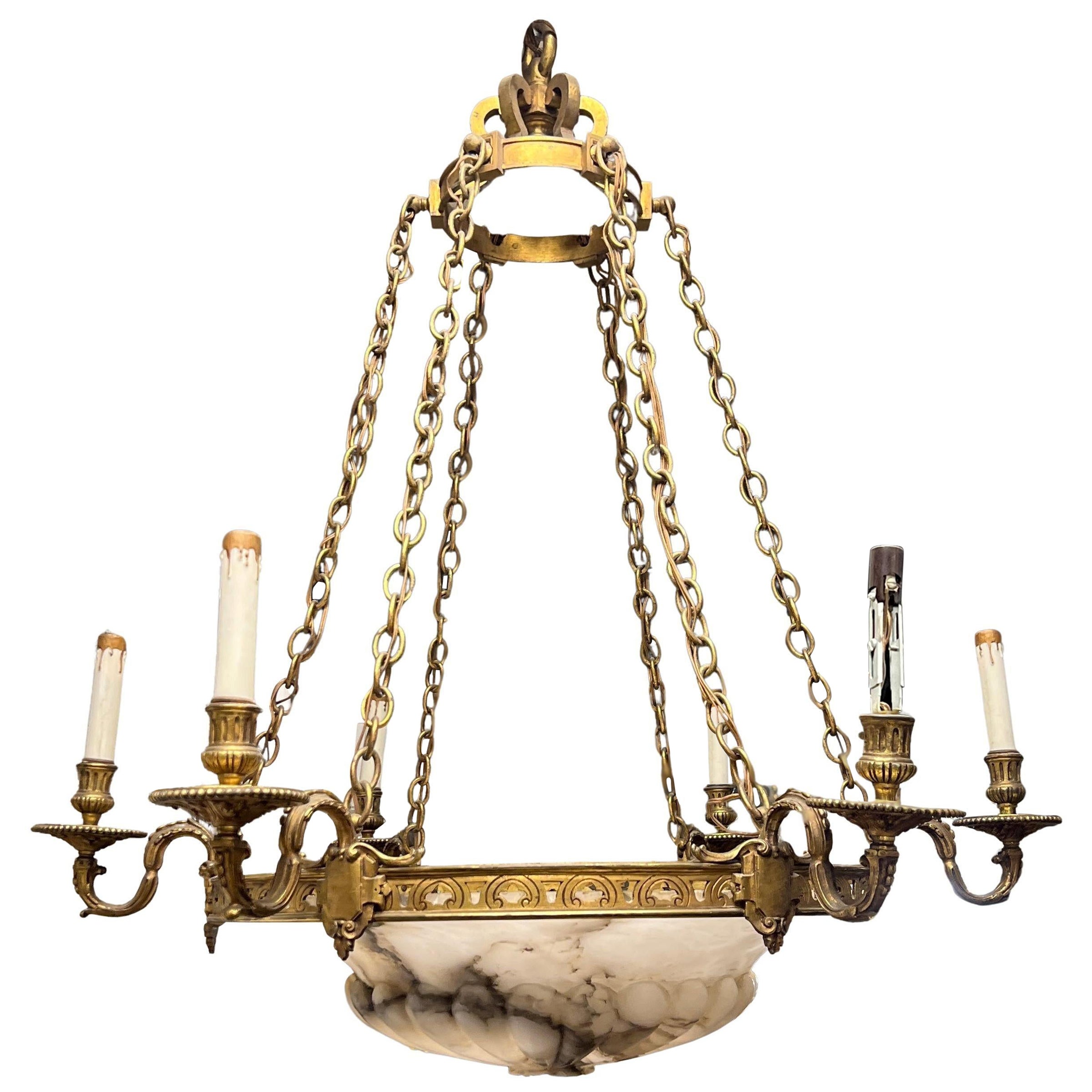 French Art Deco Bronze and Alabaster Six-Light Chandelier For Sale