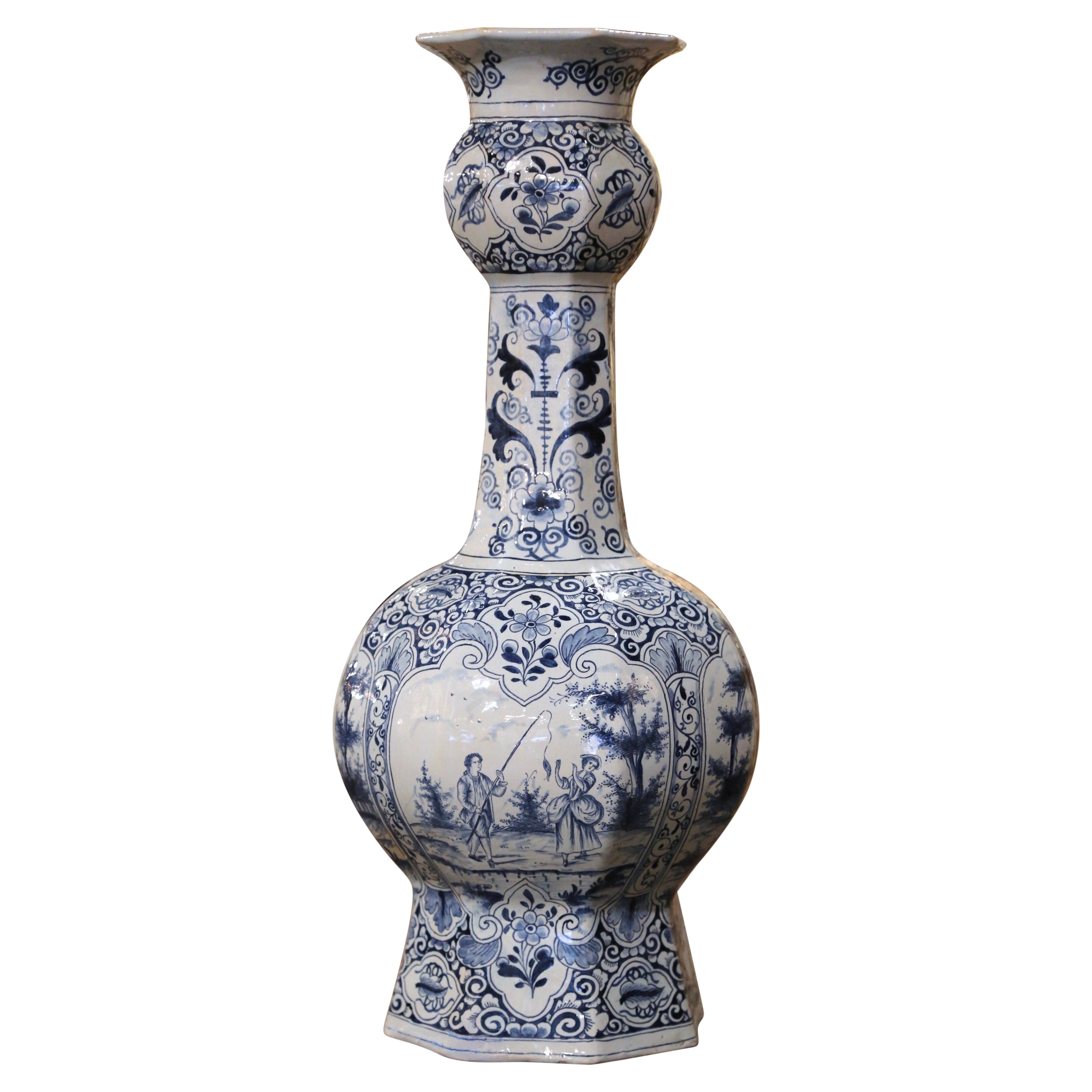 19th Century French Blue and White Delft Faience Vase with Windmill Scenes For Sale