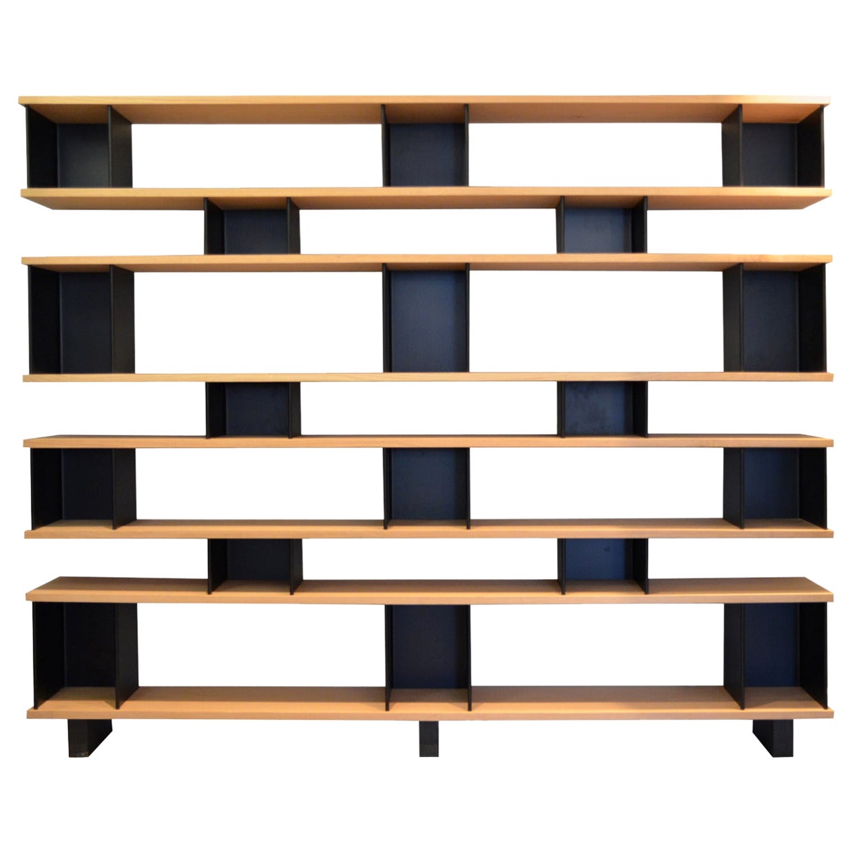 Large 'Horizontale' White Oak and Black Steel Shelving Unit by Design Frères