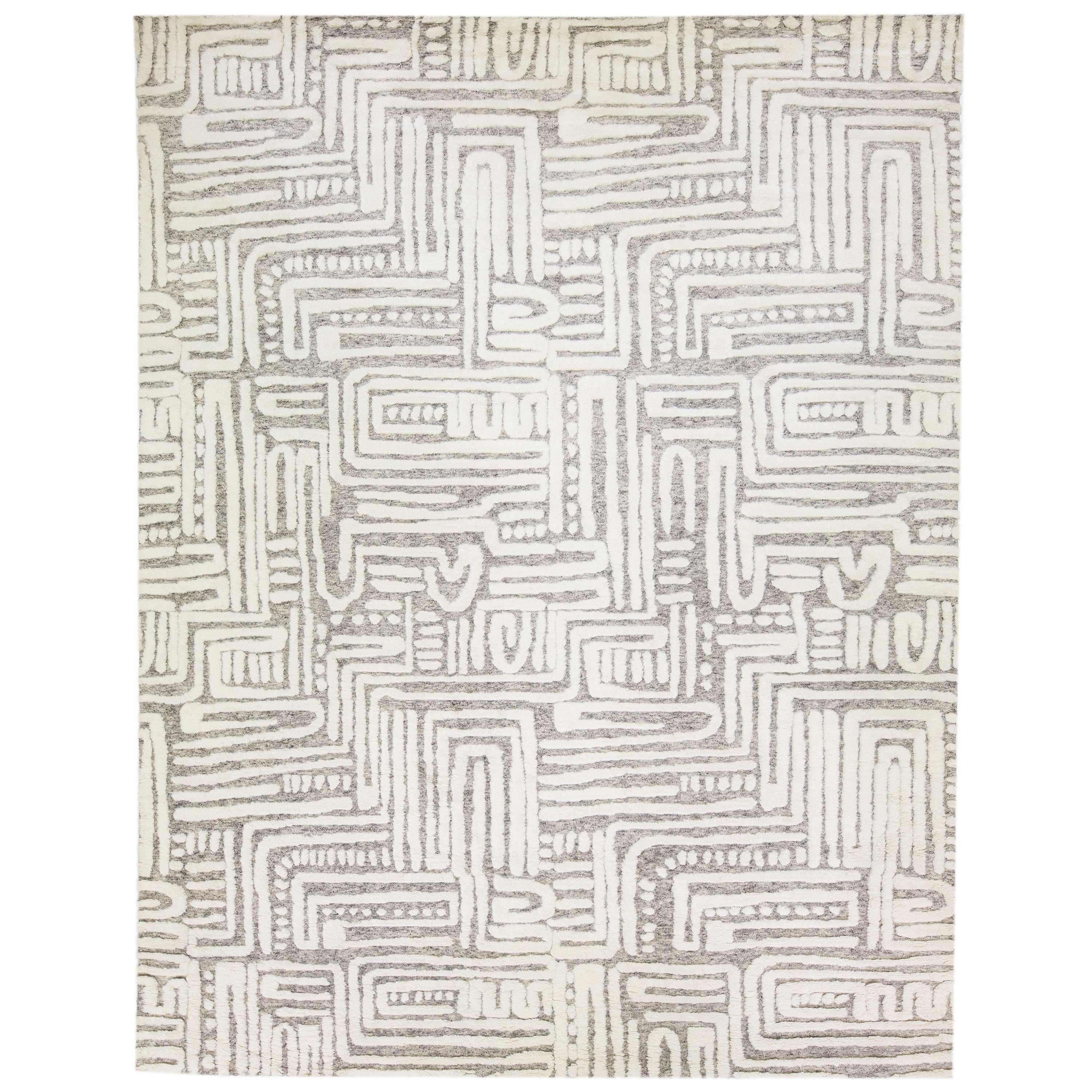 Moroccan Style Gray & Ivory Handmade Oversize Abstract Wool Rug by Apadana For Sale