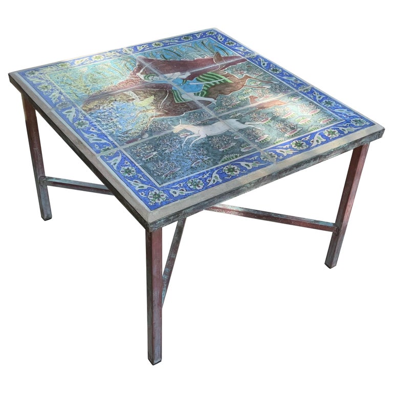 One of a Kind Antique Persian Tile Top Coffee Table For Sale