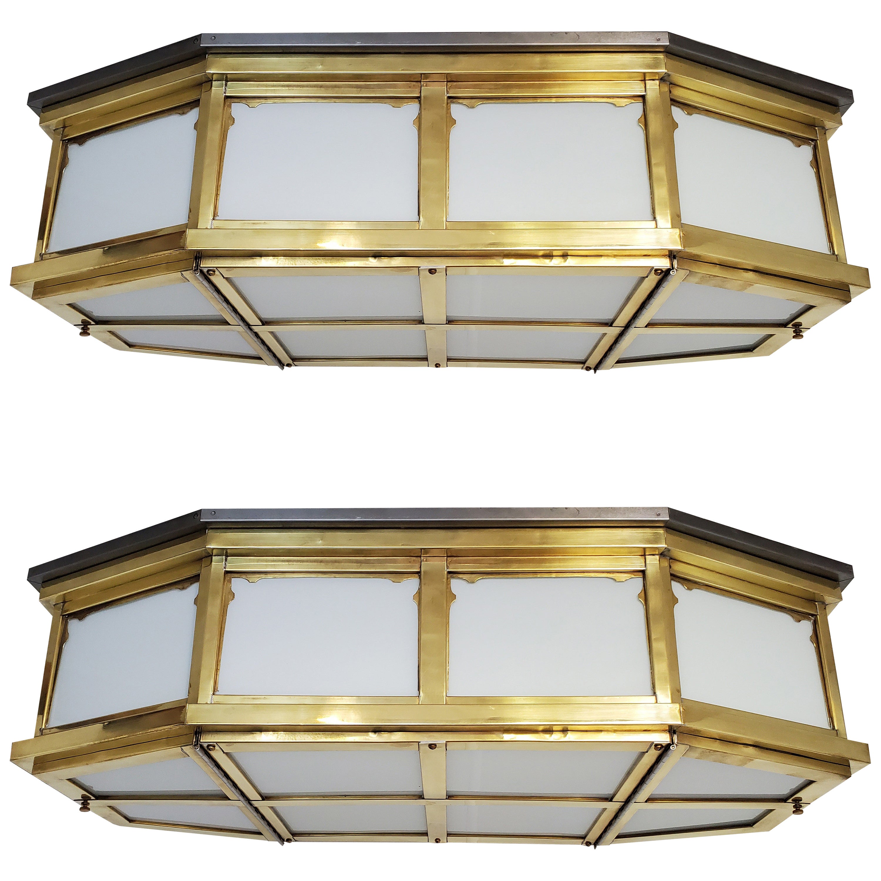 Pair of Large and Long Mid-Century Modern Brass and Glass Flush Mounted Fixtures For Sale