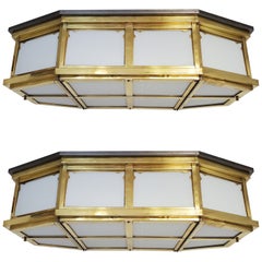 Retro Pair of Large and Long Mid-Century Modern Brass and Glass Flush Mounted Fixtures