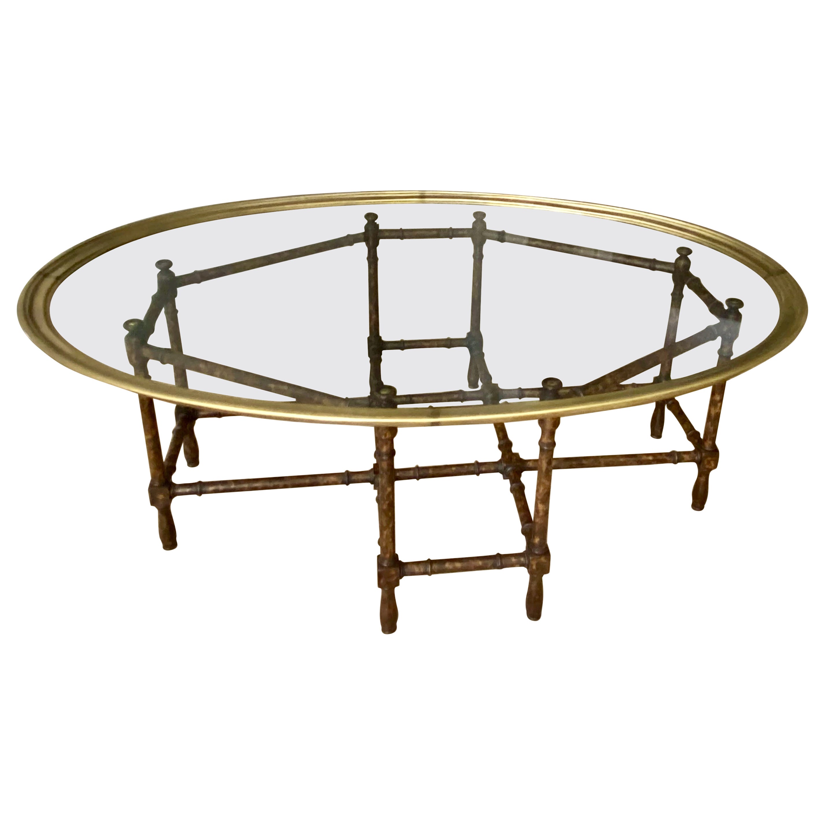 Baker Tortoise Shell Faux Bamboo Oval Glass Cocktail Coffee Table